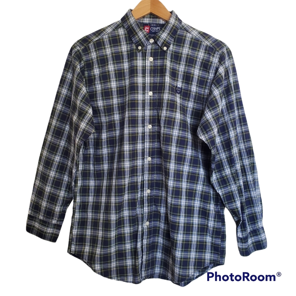 CHAPS Green and Navy Blue Plaid Shirt Long Sleeve Buttons-Down Size  XL